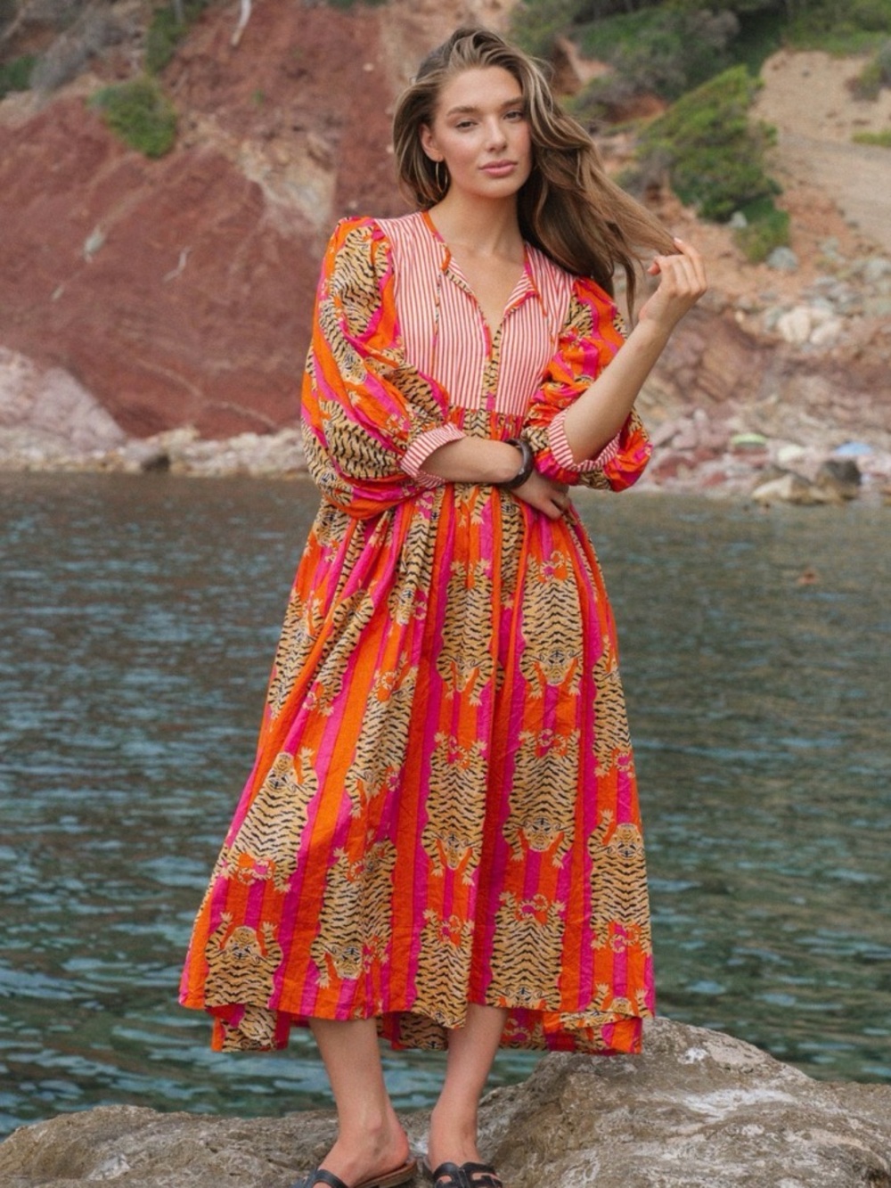 House of Sundar Tara Midi Dress Red Tigress Women’s Medium Boho Beach Resortwear